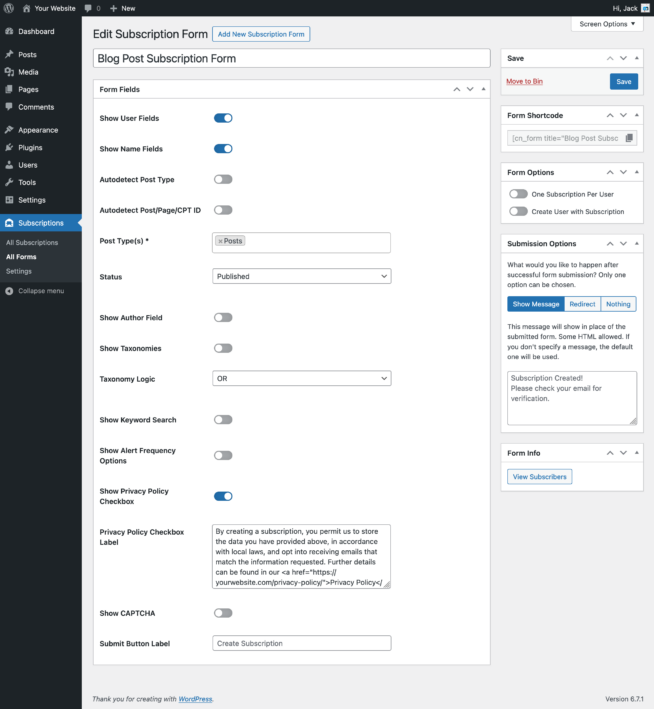 Screenshot of the Form Editor in Content Notify