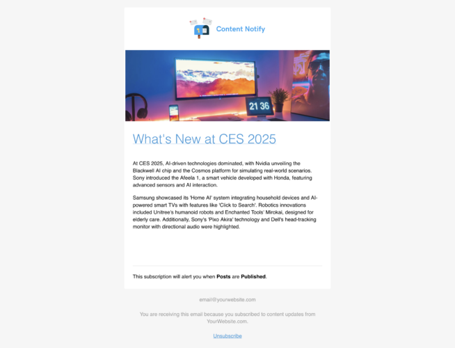 Screenshot of HTML email alert sent by Content Notify