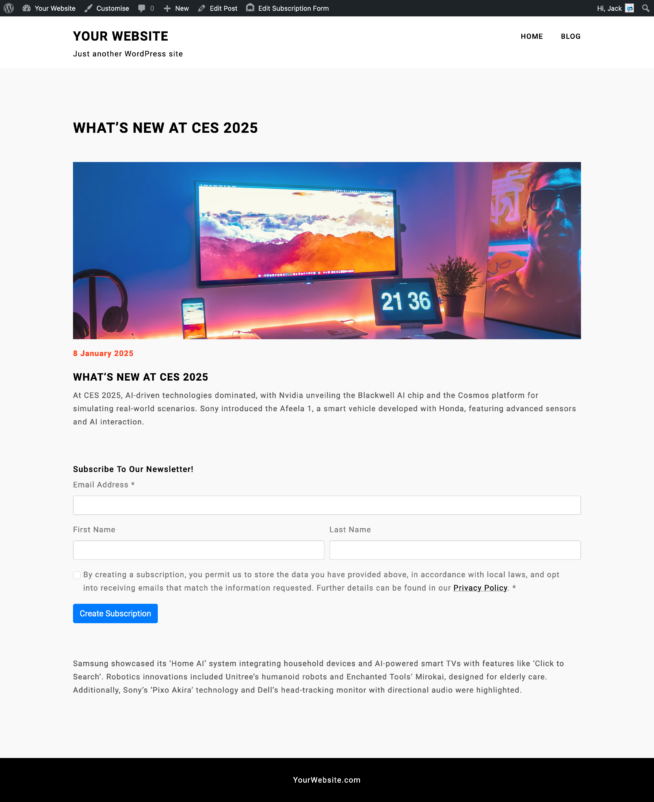 Scrrenshot of a Content Notify form added to a post on a website front-end