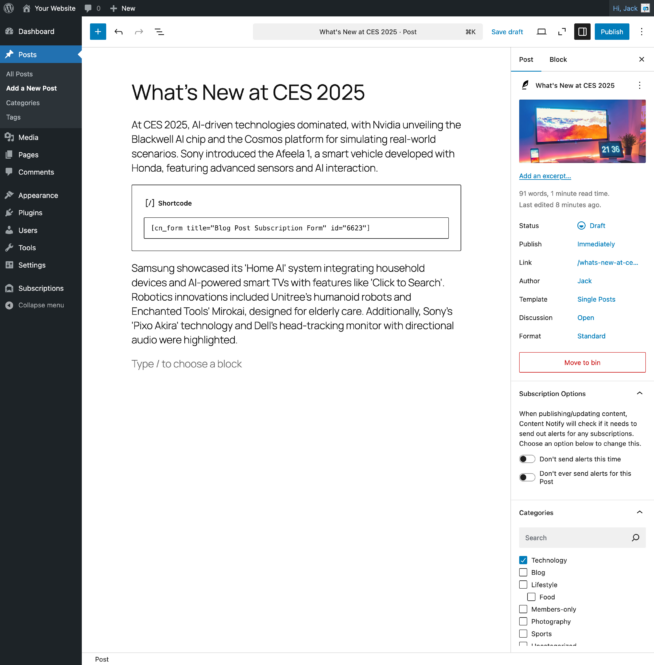 Screenshot of a blog post with a Content Notify form shortcode added as a block