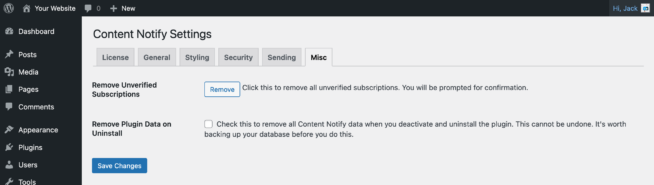 Screenshot of Misc settings in Content Notify