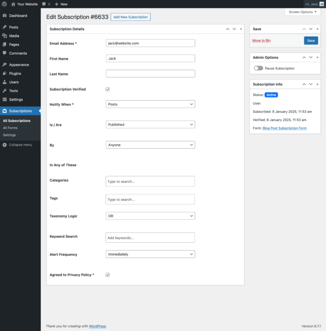 Screenshot of editing a subscriber in Content Notify