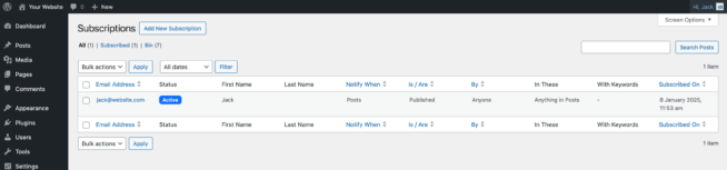 Screenshot of Subscriptions in Content Notify