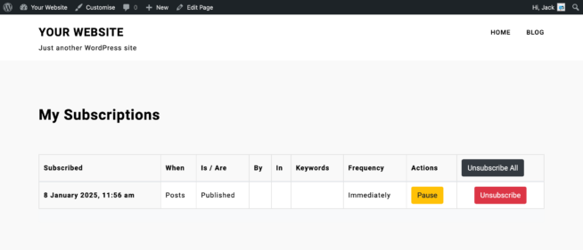 Screenshot of front-end subscription management for Subscribers in Content Notify
